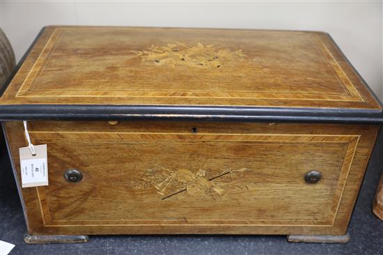 A late 19th century Swiss marquetry inlaid rosewood eight air musical box, 21in.